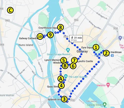map of Self-Guided Walking Tour of Galway in Ireland