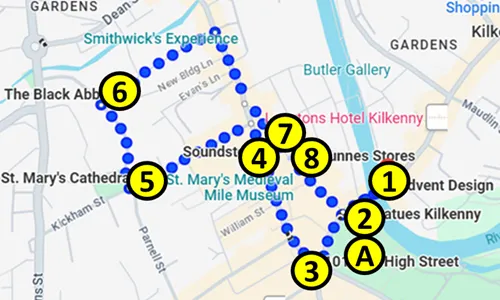 Map of Self-guided tour of downtown Kilkenny in Ireland