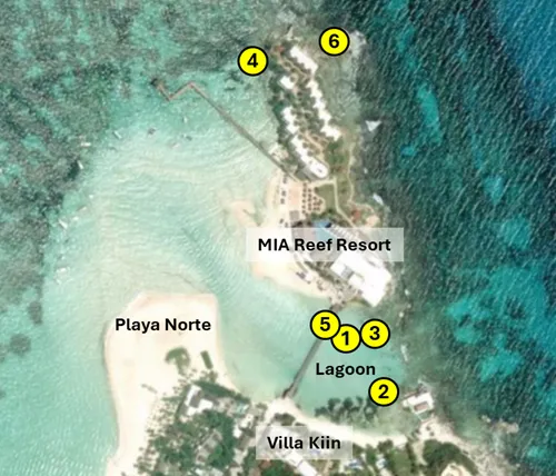 Map showing the best snorkeling sports in the northern part of in Isla Mujeres