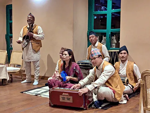 Traditional folk music is played by a traditional Nepali band at Bhojan Griha in Kathmandu