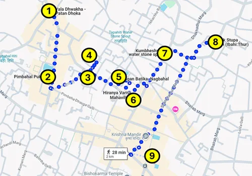 First map of the Self-guided walking tour of Patan in Kathmandu