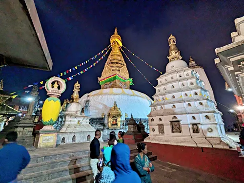 Swayambhunath and some other religious monuments beautifully illuminated at night