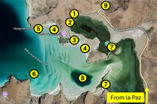 Map of the most important sites of Balandra Beach in La Paz, Mexico