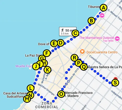 Map of the self-guided walking tour of La Paz, Mexico