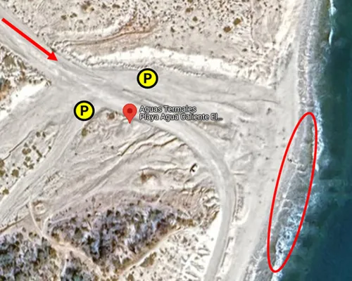 Map of Aguas Termales at Playa Agua Caliente in El Sargento, Mexico with important locations