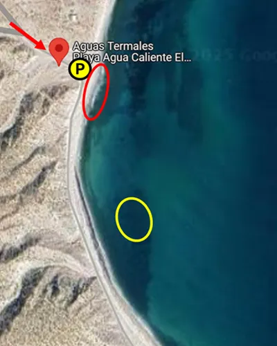 Map of Aguas Termales at Playa Agua Caliente in El Sargento, Mexico with important locations