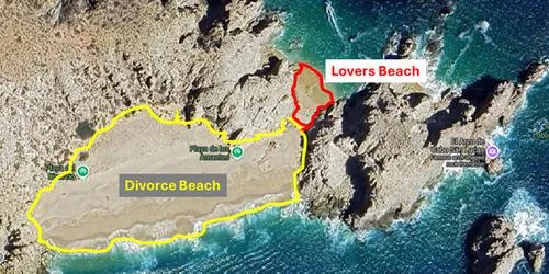 map of Lovers Beach (Playa de los Amantes) & Divorce Beach (Playa del Divorcio)