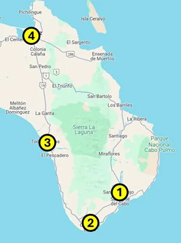 Map of the Los Cabos area and Todos Santos and La Paz