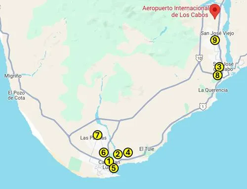 Los Cabos map with Walmart and Chedraui store locations