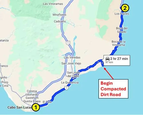 map showing the driving directions from Los Cabos to Playa El Arbolito near Cabo Pulmo