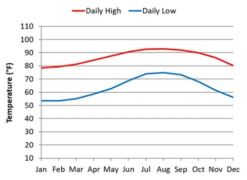 Average dialy temperature by month in San Jose del Cabo