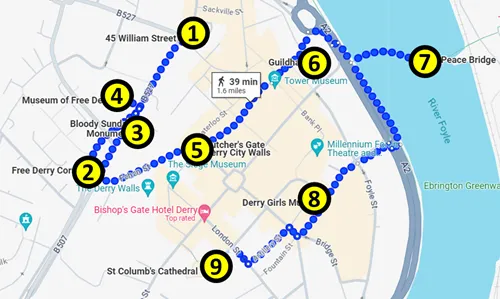 map of Self-guided tour of Derry in Northern Ireland