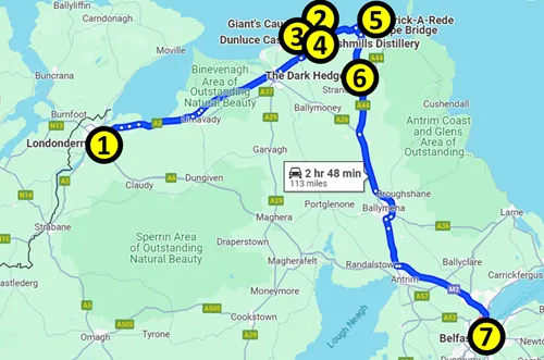 map from Deery to Belfast in Northern Ireland via Giant’s Causeway, Dunluce Castle, Bushmills Distillery, Carrick-a-Rede Rope Bridge, and Dark Hedges