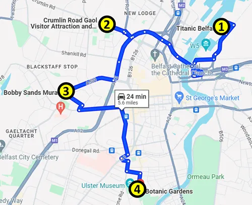 map for a Self-Guided Belfast Tour in Northern Ireland