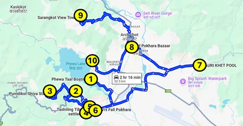 Map of the Self-guided tour of Pokhara in Nepal