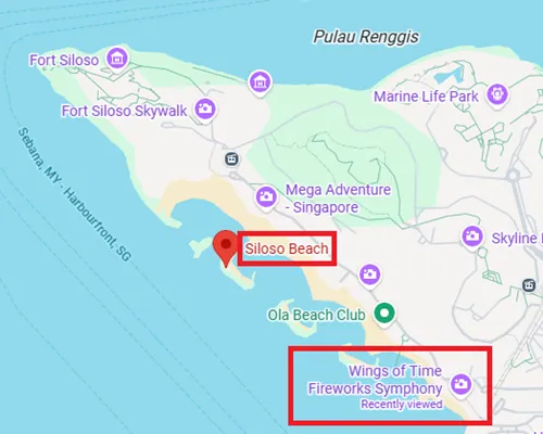 map of Tanjong Beach on Sentosa Island in Singapore