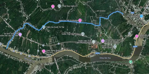 Map showing Can Tho and its vicinity with the route of the floating markets tour near Can Tho in Vietnam