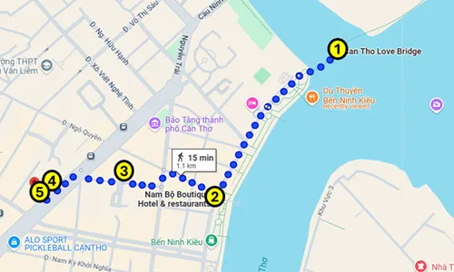Map showing the Bacjkpack and Snorkel self-guided walking tour of Can Tho in Vietnam