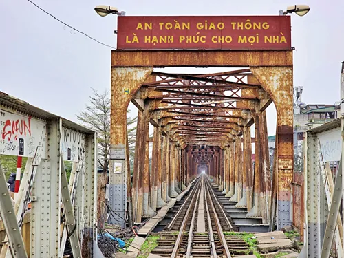 iconic gateway to Long Bien Bridge in Hanoi in Vietnam - one of Hanopi's most instagrammable sights
