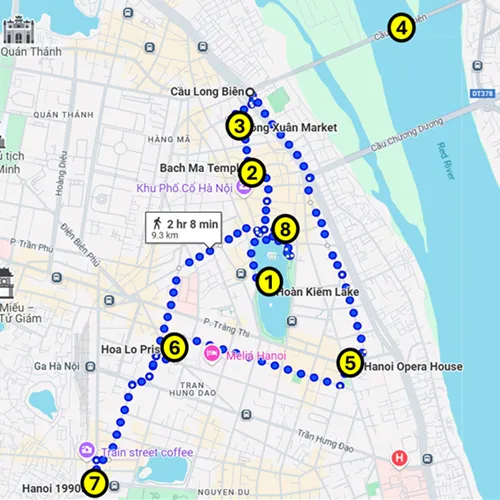 Map of a self-guided walking tour in Hanoi in Vietnam, created by Backpack and Snorkel and covering iconic destinations like Hoan Kiem Lake, Long Bien Bridge, Hanoi Train Street, and Thang Long Puppet Theatre