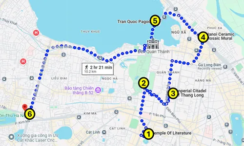 Map of a self-guided walking tour in Hanoi in Vietnam, created by Backpack and Snorkel and covering iconic destinations like Hoan Kiem Lake, Long Bien Bridge, Hanoi Train Street, and Thang Long Puppet Theatre