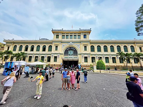 photo of Ho Chi Minh Central Post Office in Ho Chin Minh City, Vietnam, as seen from the street