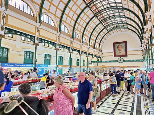 Photo of the interior view of the Ho Chi Minh Central Post Office in Saigon in Vietnam with the grand arch