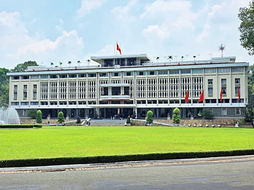 photo of Reunification Palace in Ho Chin Minh City, Vietnam, as seen from the street