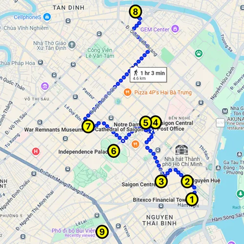 map for a self-guided walking tour of District 1 of Ho Chi Minh City in Vietnam by Backpack and Snorkel Travel Guides