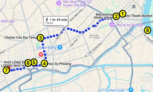 map for a self-guided walking tour of District 1, Cholon (Chinatown) and the Saigon River Cruise of Ho Chi Minh City in Vietnam by Backpack and Snorkel Travel Guides