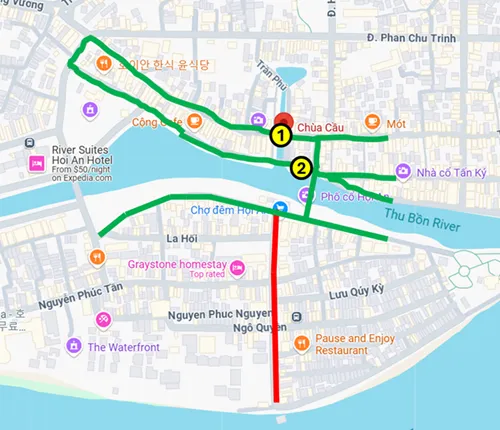 Map of Hoi An where the important places for the Hoi An Lantern Festival are marked