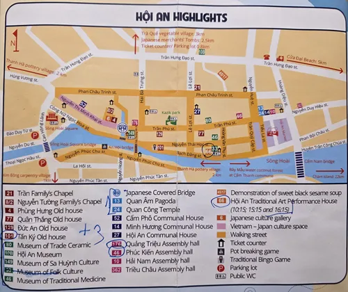 Map of Hoi An Ancient Town showing all 24 attractions that can be vsisited with the Ancient Town Ticket in Hoi An in Vietnam