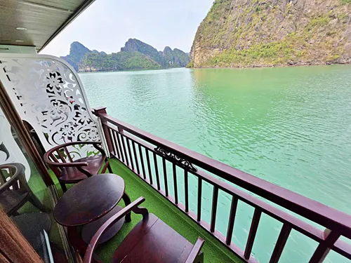 photo of Lan Ha Bay from the balcony of a suite on the Calypso ship during a 2 day 1 night Lan Ha Bay cruise in Vietnam