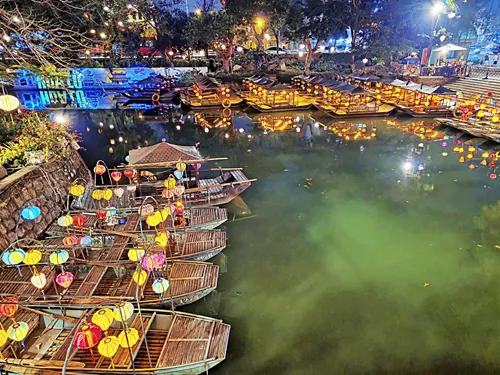 lantern boats anchored in Hoa Lu Old Town in Ninh Binh in Vietnam