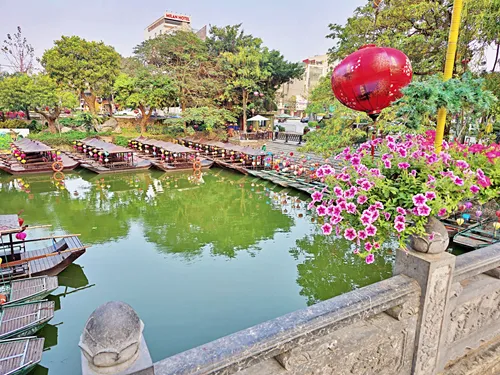 lantern boats anchored in Hoa Lu Old Town in Ninh Binh in Vietnam