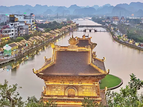 view from Shrine on the hill over Hoa Lu Old Town in Ninh Binh in Vietnam