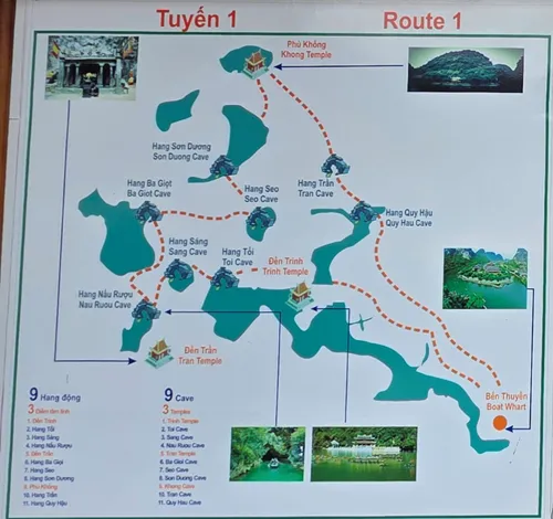 Map of Route 1 of the Trang An Boat near Ninh Binh in Vietnam