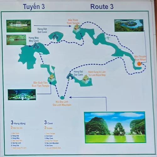 Map of Route 3 of the Trang An Boat near Ninh Binh in Vietnam
